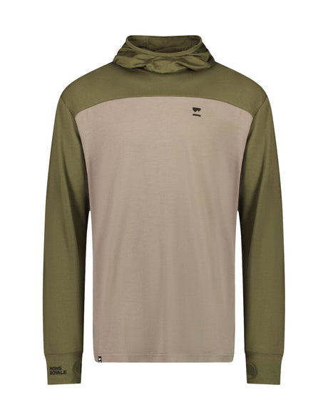 Mons Royale Mens Yotei Powder Hood Long Sleeve Base Layer-Small-Dark Olive / Walnut-aussieskier.com